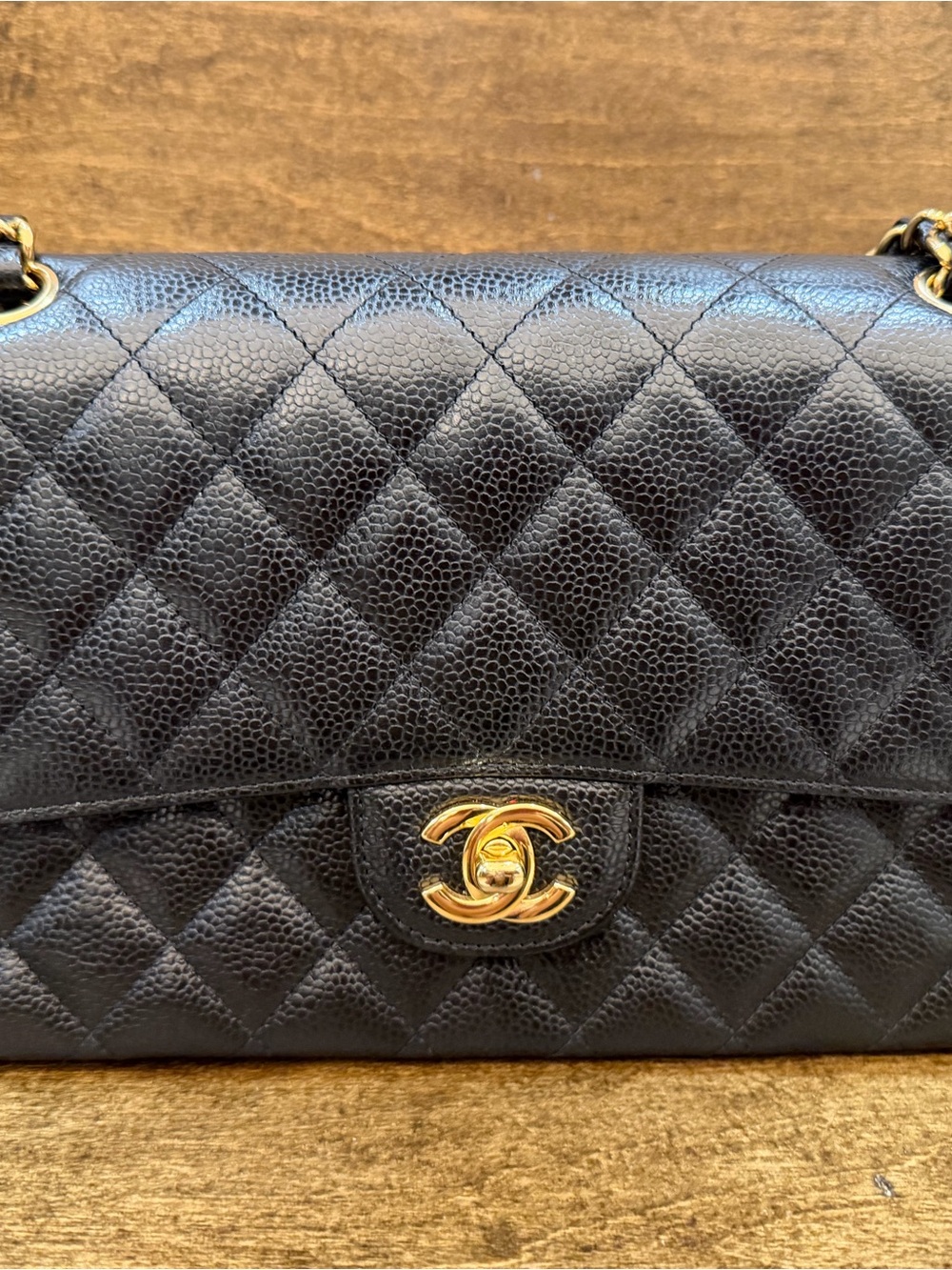 CHANEL Black Quilted Caviar Leather Shoulder Bag with Gold Hardware